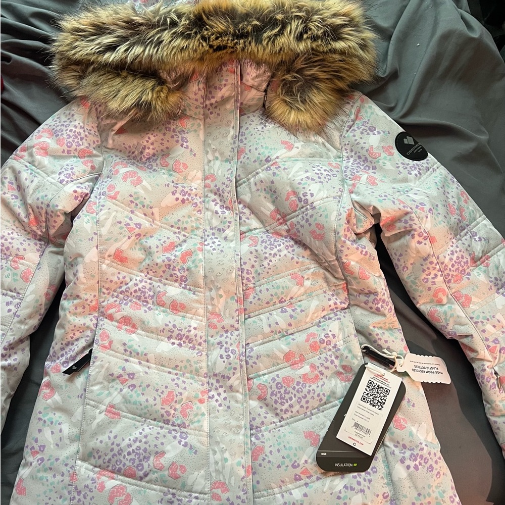 Obermeyer Pink and White Puffer Jacket with Faux Fur Hood